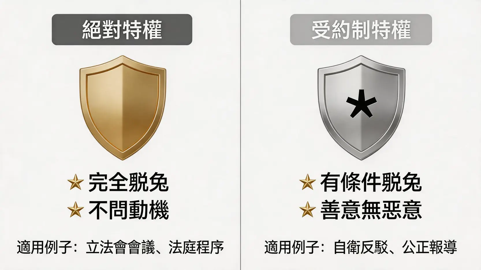 絕對特權與受約制特權的對比圖，區分兩者在保護程度和適用條件上的差異。