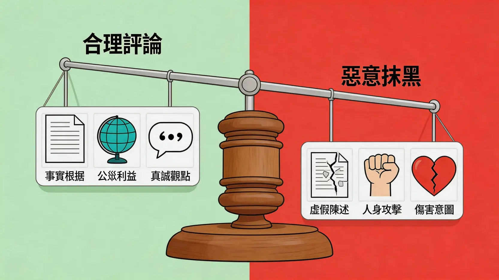 一個天秤圖，說明合理評論與惡意抹黑的區別。合理評論基於事實，而惡意抹黑包含虛假和攻擊性陳述。