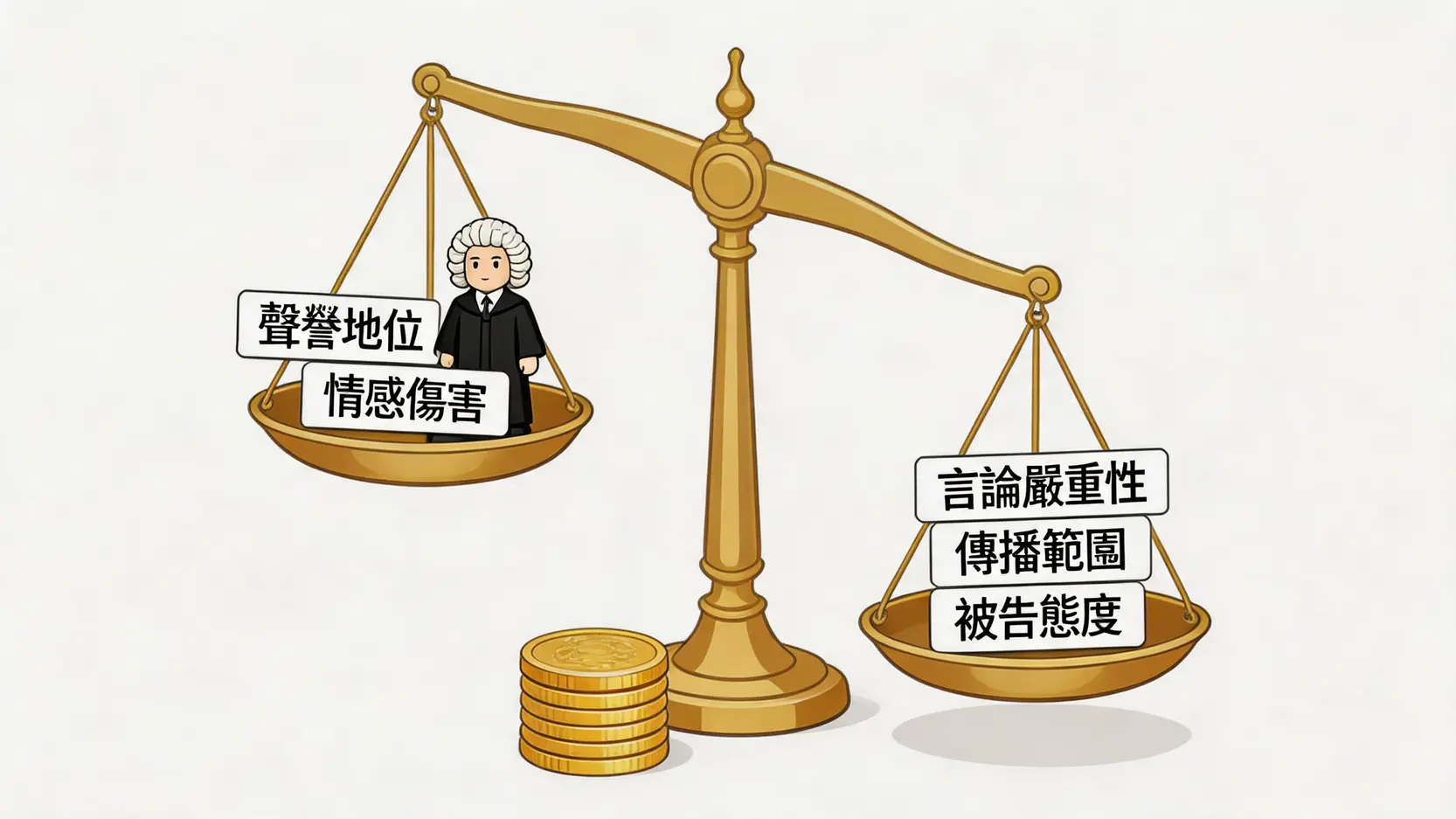 一個天秤示意圖，說明法庭在決定誹謗賠償金額時如何權衡原告聲譽、言論嚴重性、傳播範圍等多種因素。