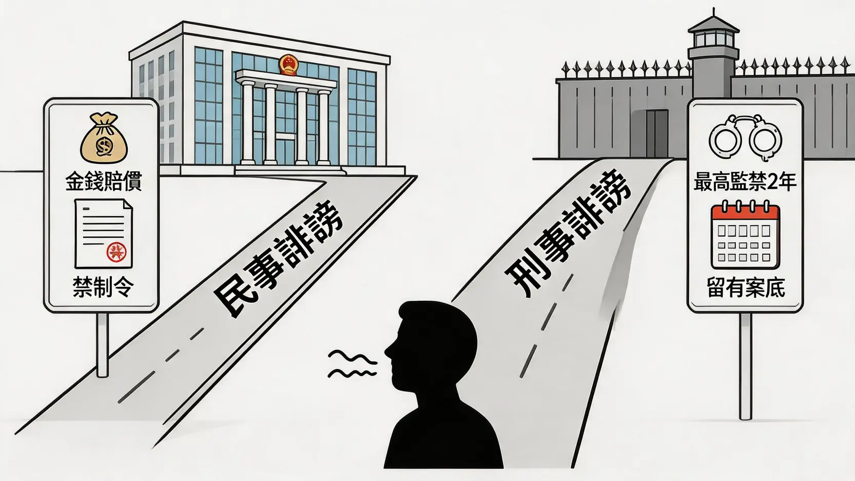 示意圖展示誹謗言論可能導致的兩種截然不同的法律後果：民事的金錢賠償與刑事的監禁。