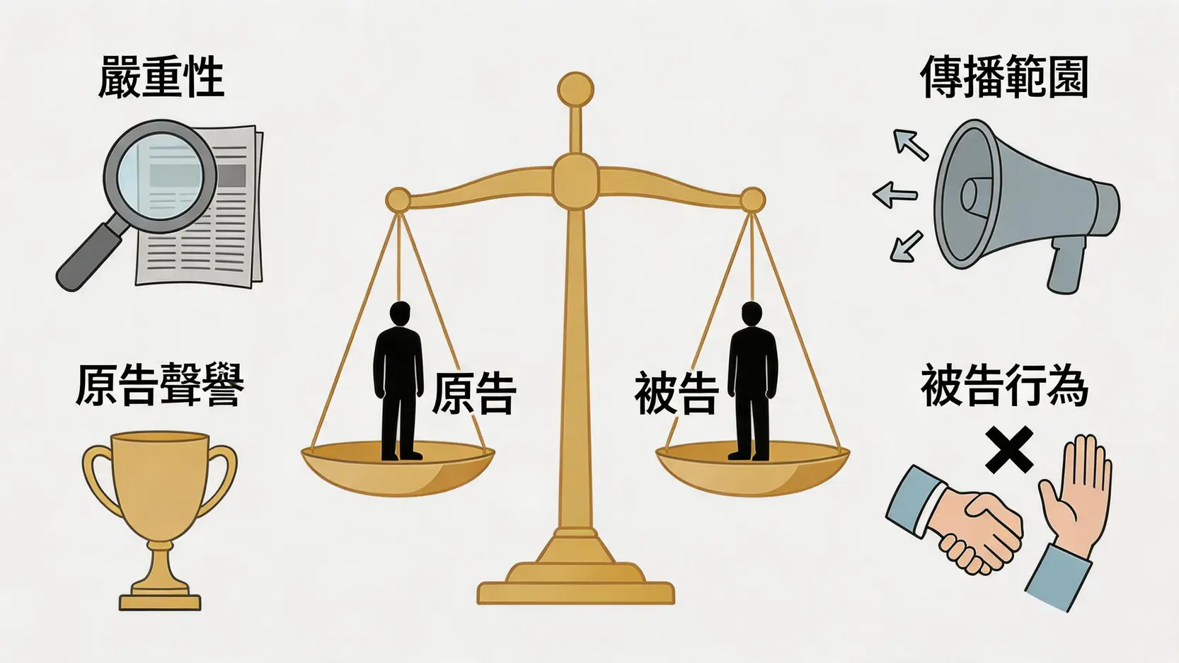 一張示意圖展示法庭在釐定誹謗賠償時所考慮的四大因素：言論嚴重性、傳播範圍、原告聲譽及被告行為。