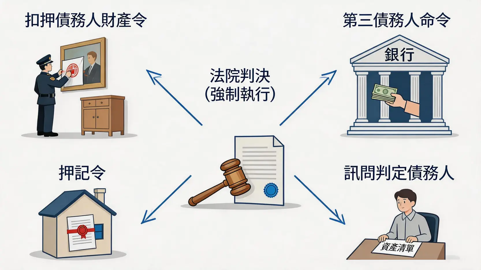 勝訴方強制執行判決的四種法律途徑示意圖，包括扣押財產、第三債務人命令、押記令和訊問債務人。