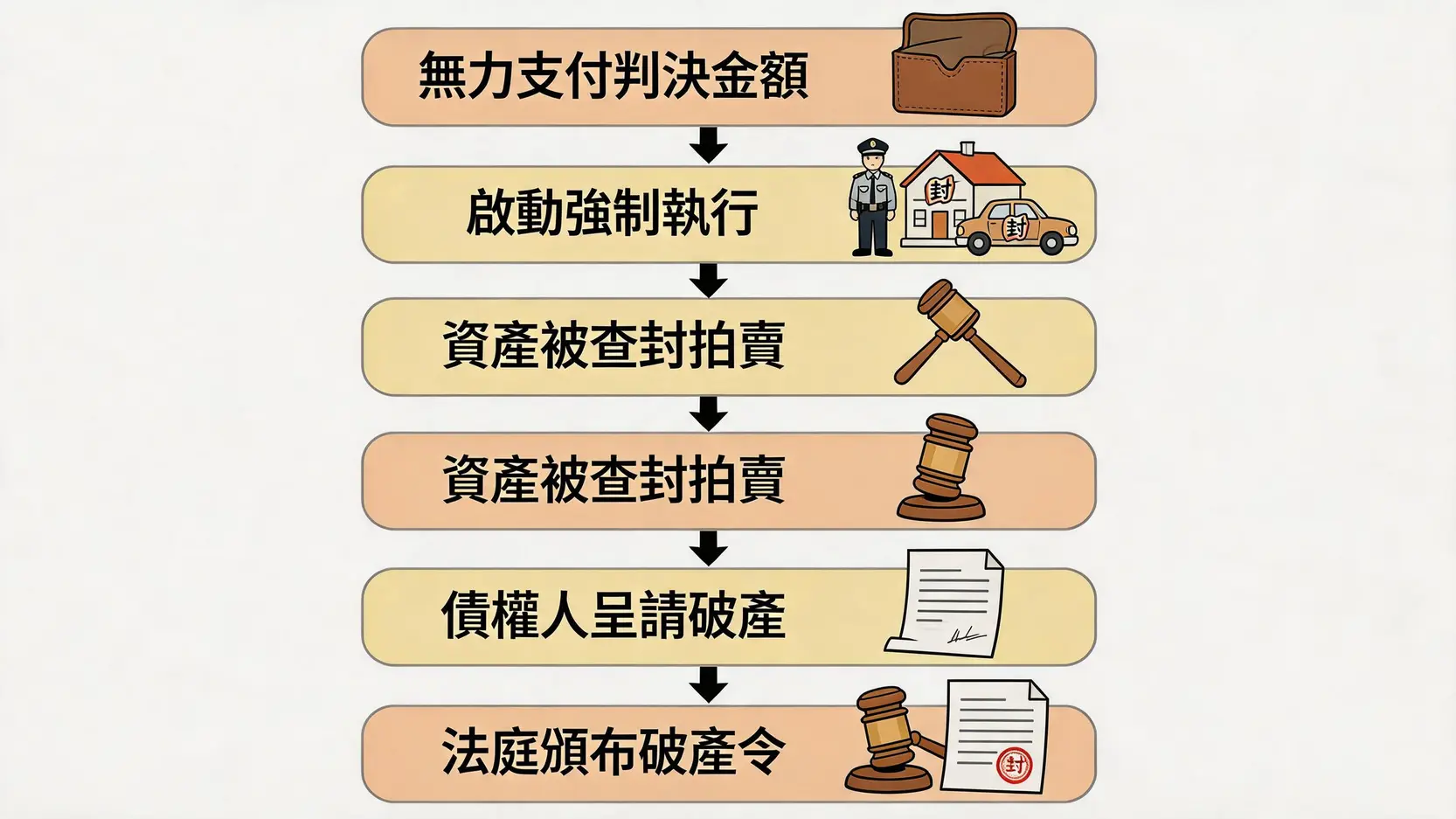 敗訴方無力支付賠償和訟費所面臨的法律後果流程圖，從強制執行到最終可能破產。