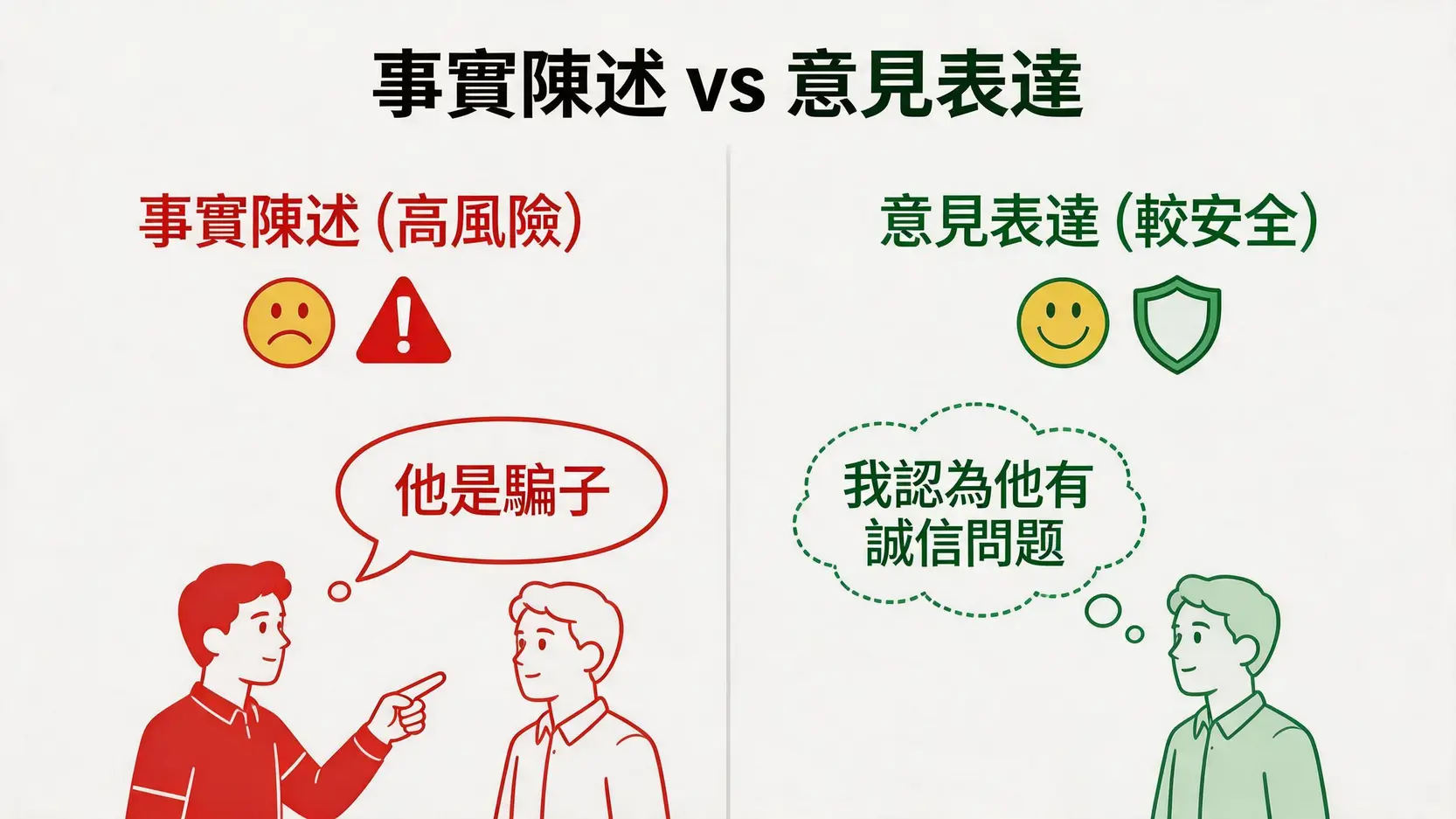 一張對比圖，展示了事實陳述與意見表達在誹謗風險上的區別。