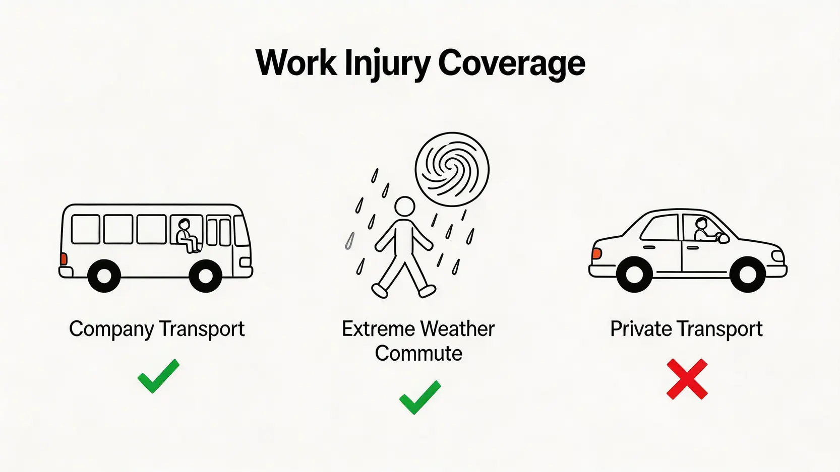 【工傷懶人包2026】香港僱員補償條例全攻略:勞工保險、工傷定義與保障範圍一篇搞懂 4 一張圖表說明符合香港工傷保障的特殊情況,包括乘坐公司交通工具、惡劣天氣下通勤等。