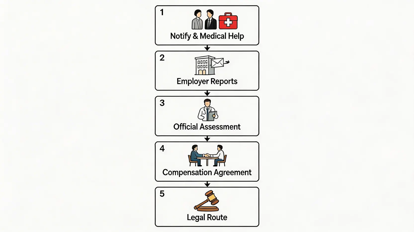 【工傷懶人包2026】香港僱員補償條例全攻略:勞工保險、工傷定義與保障範圍一篇搞懂 5 一張展示香港工傷索償流程的五個步驟圖,從通知僱主到法律途徑。