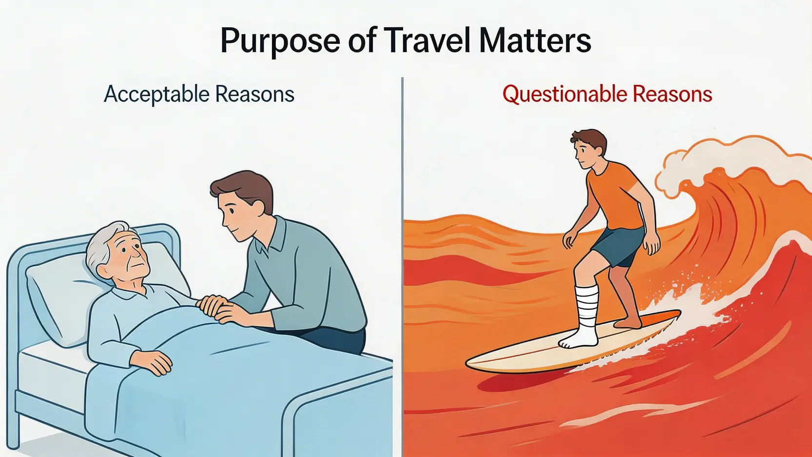 工傷病假離港全攻略:從申請程序到法律規定,一文看清所有注意事項 3 對比圖,展示工傷期間離港的可接受理由(如探親)與可能引起質疑的理由(如進行劇烈運動)。