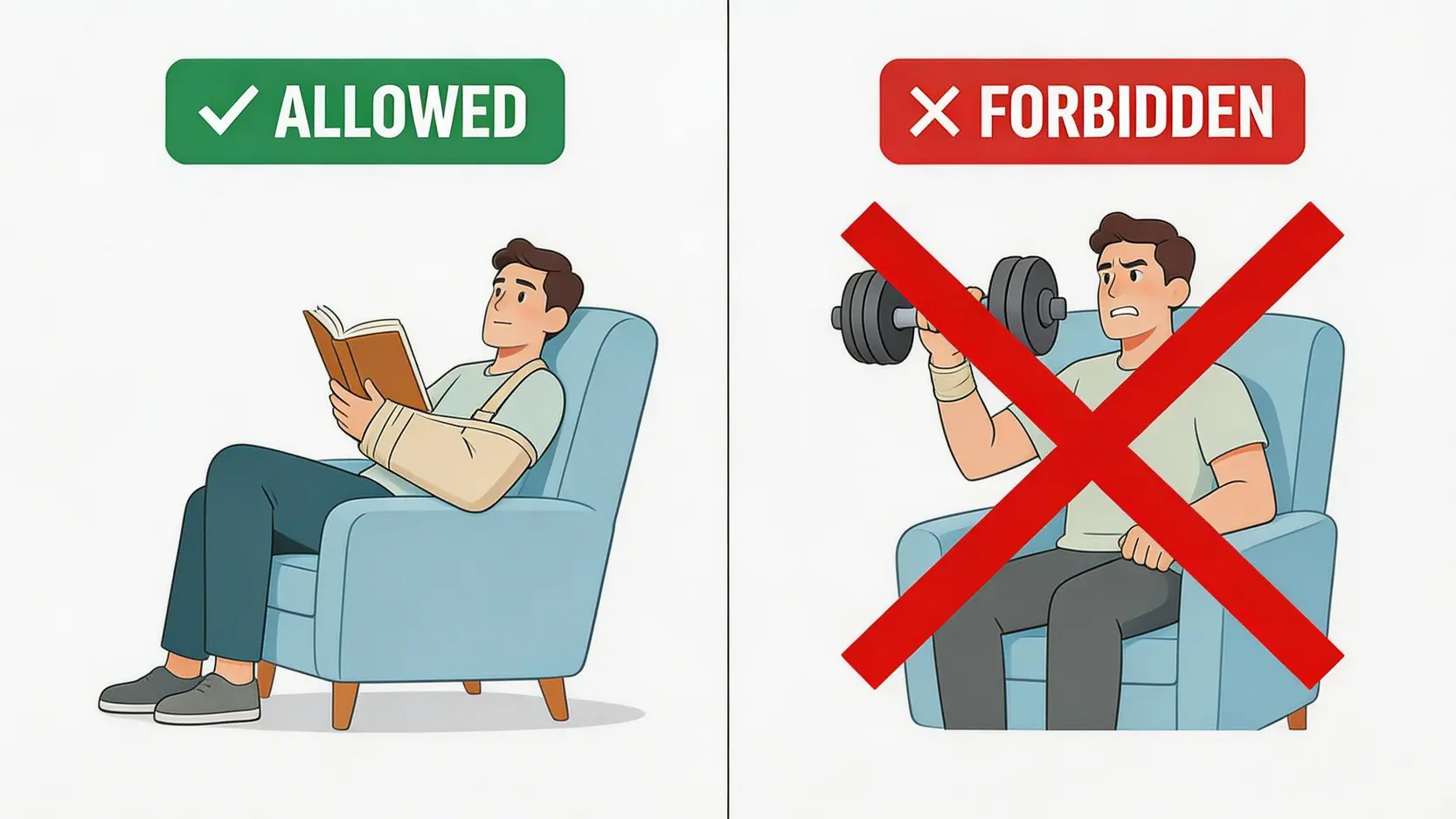 工傷病假離港全攻略:從申請程序到法律規定,一文看清所有注意事項 5 概念圖展示工傷期間應避免的行為,一名手臂受傷的員工正在舉重,被劃上紅色禁止符號。