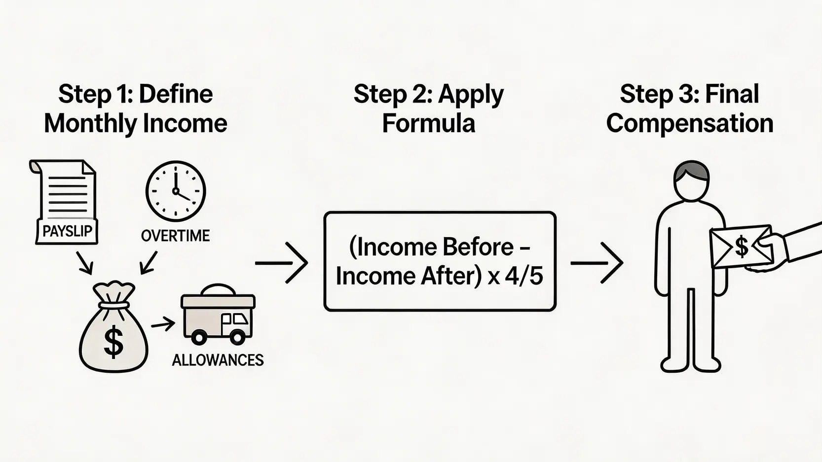 工傷賠償計算:5分鐘學懂五分四人工!即睇僱員補償條例懶人包 4 工傷病假錢三步計算流程圖,展示了從界定每月收入、套入計算公式到得出最終賠償金額的完整過程。