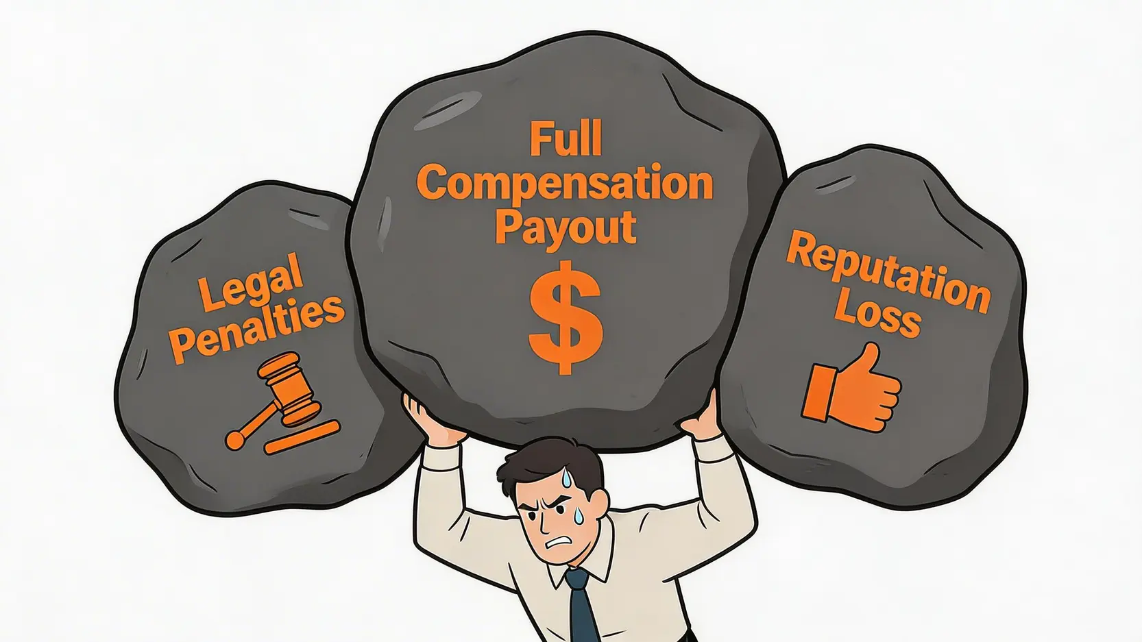 【2026 僱主指南】無買勞保後果全解析:強制性勞工保險規定、刑責罰款與工傷賠償責任 4 一張概念圖,描繪一名僱主被標示著刑事責任、民事賠償和公司信譽的三大風險巨石所重壓,象徵無買勞保的嚴重後果。